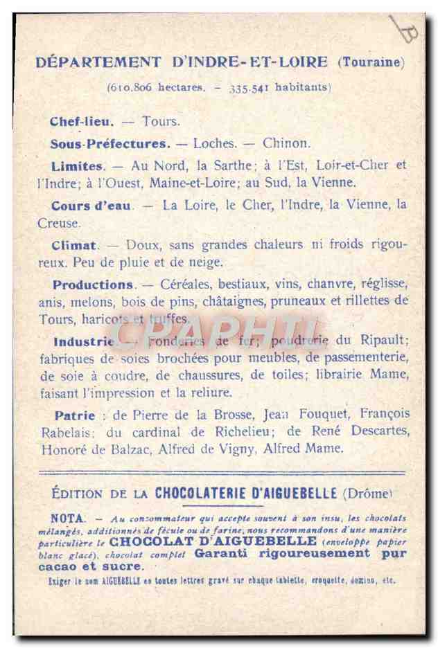 Les Départements : INDRE-et-LOIRE — Édition de la CHOCOLATERIE D'AIGUEBELLE — Verso
