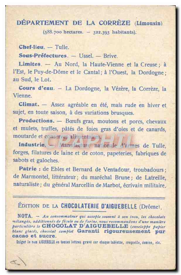 Corrèze — Carte géographique et touristique — Édition de la Chocolaterie d'Aiguebelle — Verso