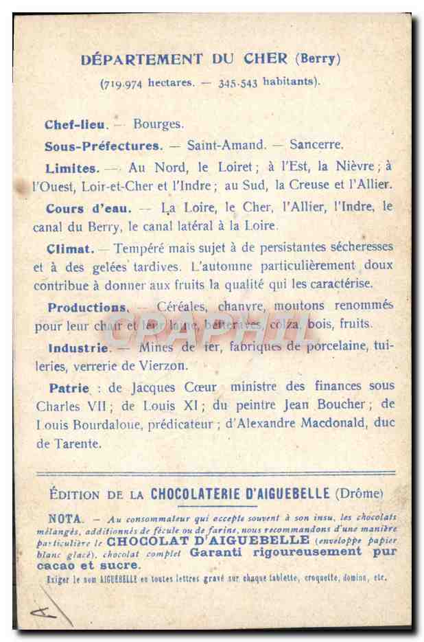 Les Départements : CHER — Édition de la CHOCOLATERIE D'AIGUEBELLE — Verso