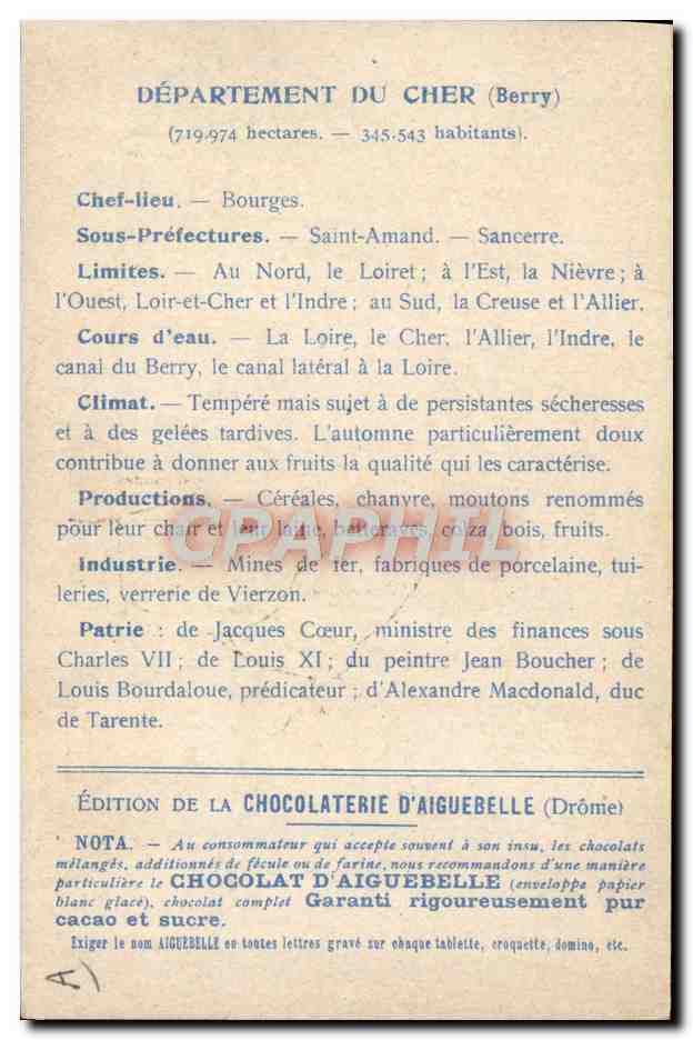 Les Départements : CHER — Édition de la CHOCOLATERIE D'AIGUEBELLE — Verso