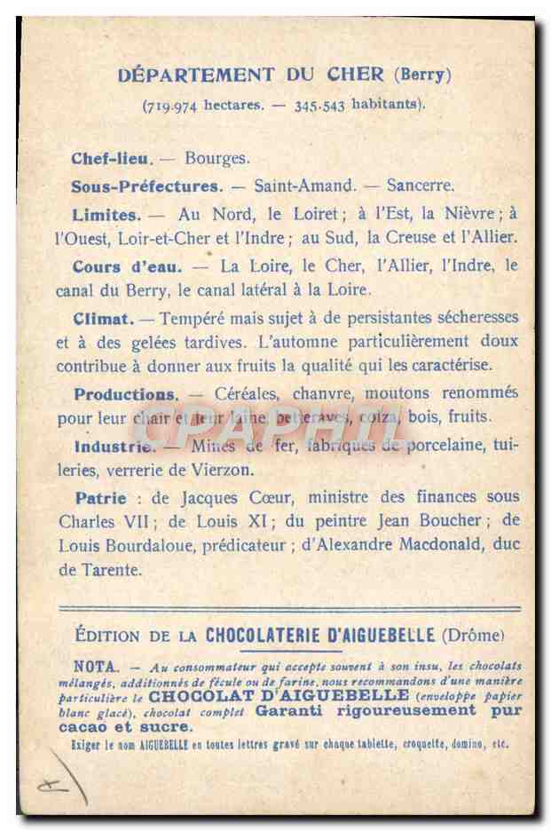 Les Départements : CHER — Édition de la CHOCOLATERIE D'AIGUEBELLE — Verso