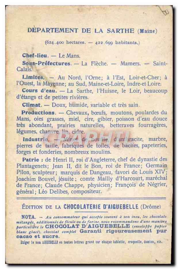 Les Départements : SARTHE — Édition de la CHOCOLATERIE D'AIGUEBELLE — Achterkant