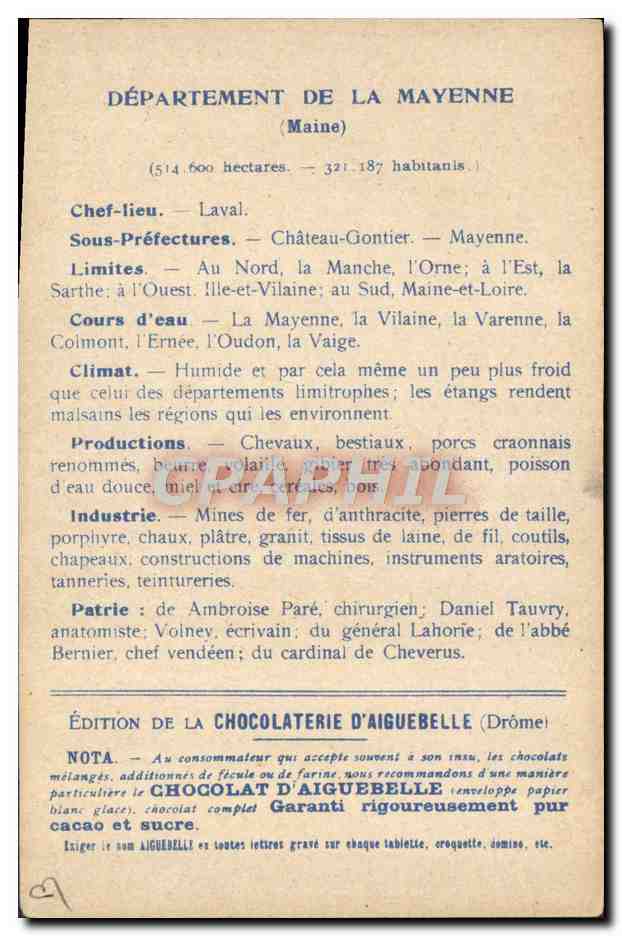 Mayenne — Carte des Départements — Édition de la Chocolaterie d'Aiguebelle — Achterkant