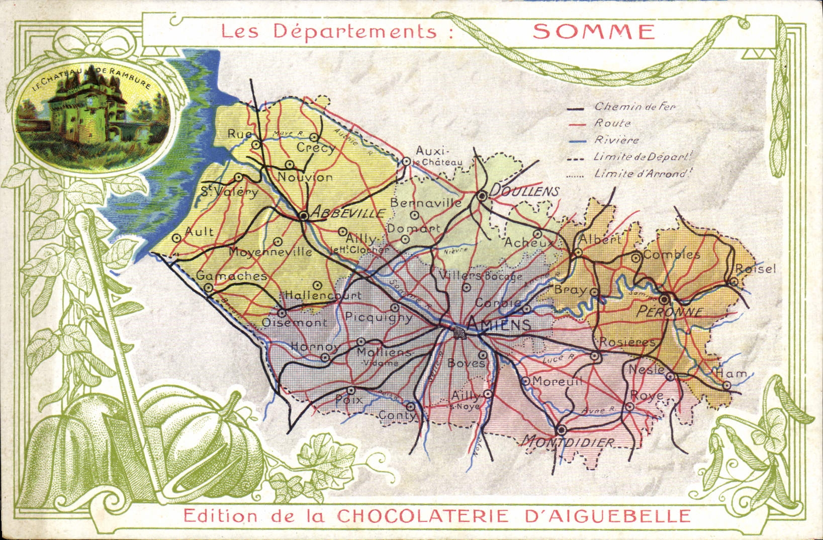 Les Départements : SOMME — carte géographique avec illustration du château de Rambure — Édition de la CHOCOLATERIE D'AIGUEBELLE