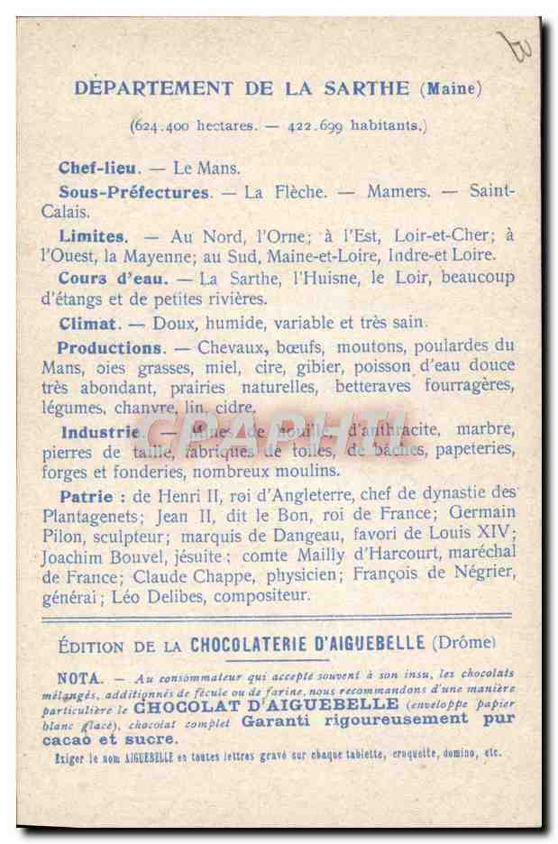 Les Départements : SARTHE — Édition de la CHOCOLATERIE D'AIGUEBELLE — Verso