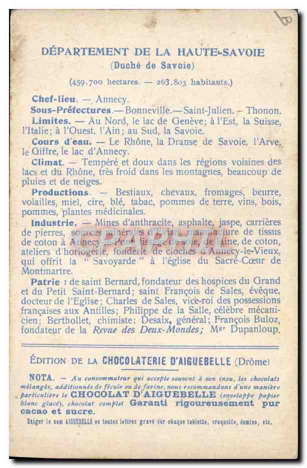 Haute-Savoie — Carte géographique et descriptive — Édition de la Chocolaterie d'Aiguebelle — Verso