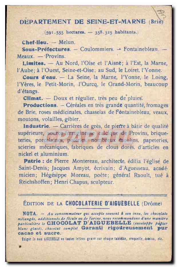 Les Départements : SEINE & MARNE — Édition de la CHOCOLATERIE D'AIGUEBELLE — Verso