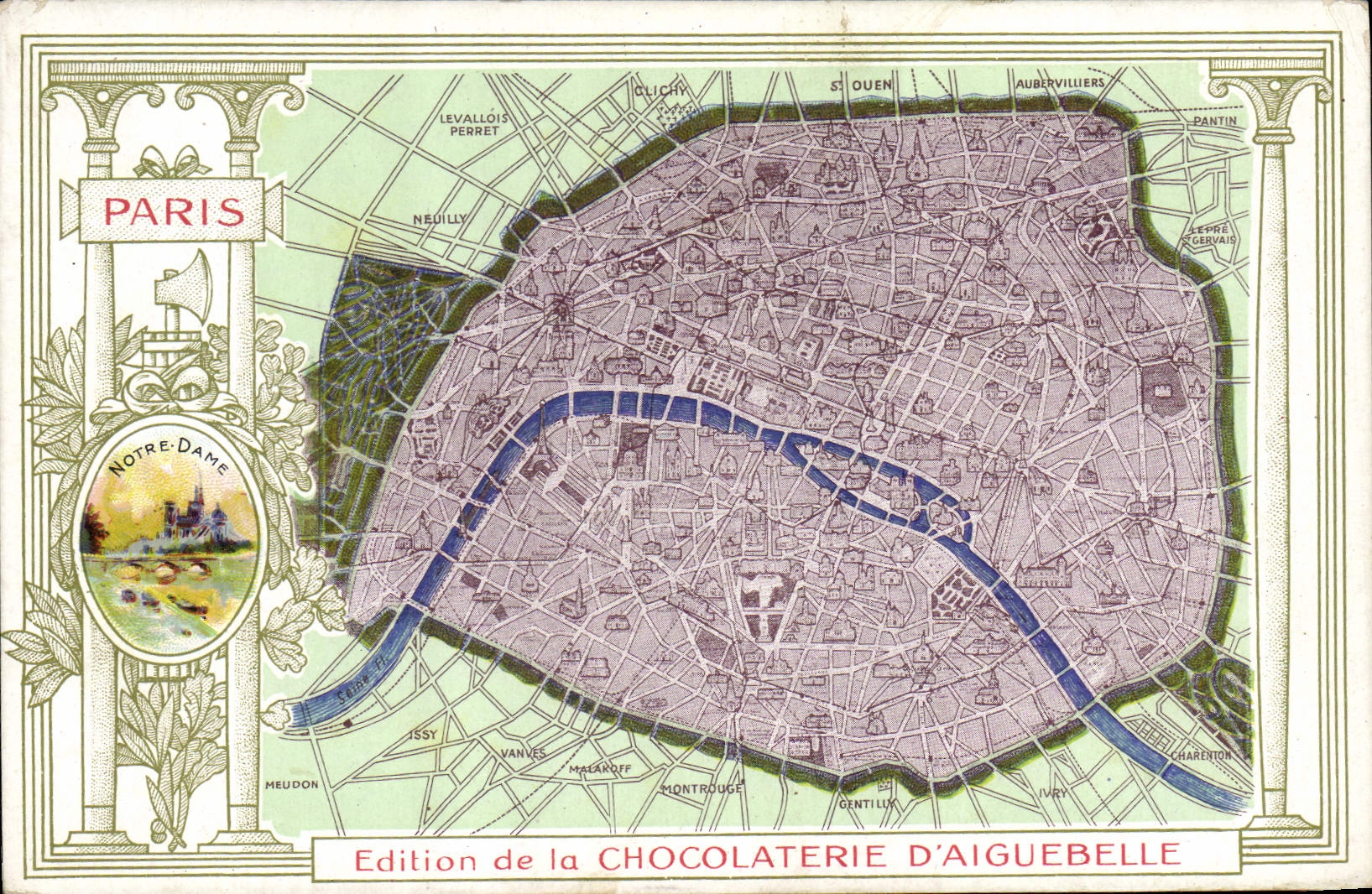 Paris — carte postale avec plan — Édition de la Chocolaterie d'Aiguebelle
