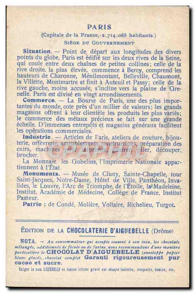 Paris — carte postale avec plan — Édition de la Chocolaterie d'Aiguebelle — Reverso
