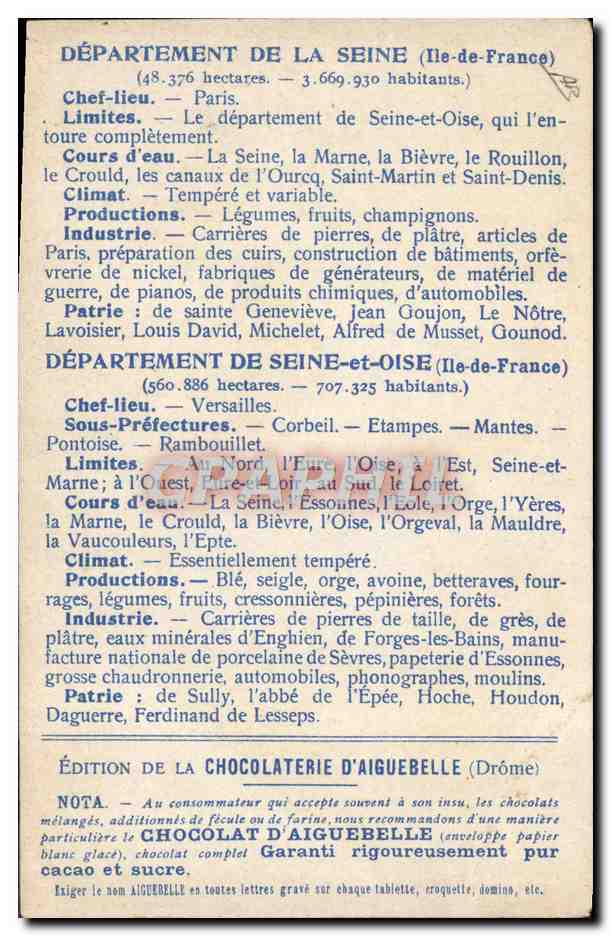 Les Départements : SEINE & SEINE-ET-OISE : — Édition de la CHOCOLATERIE D'AIGUEBELLE — Verso