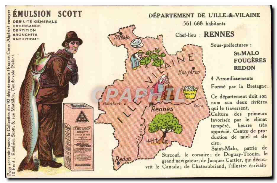 CPA Carte geographique Emulsion Scott Ille & Vilaine Rennes Poisson