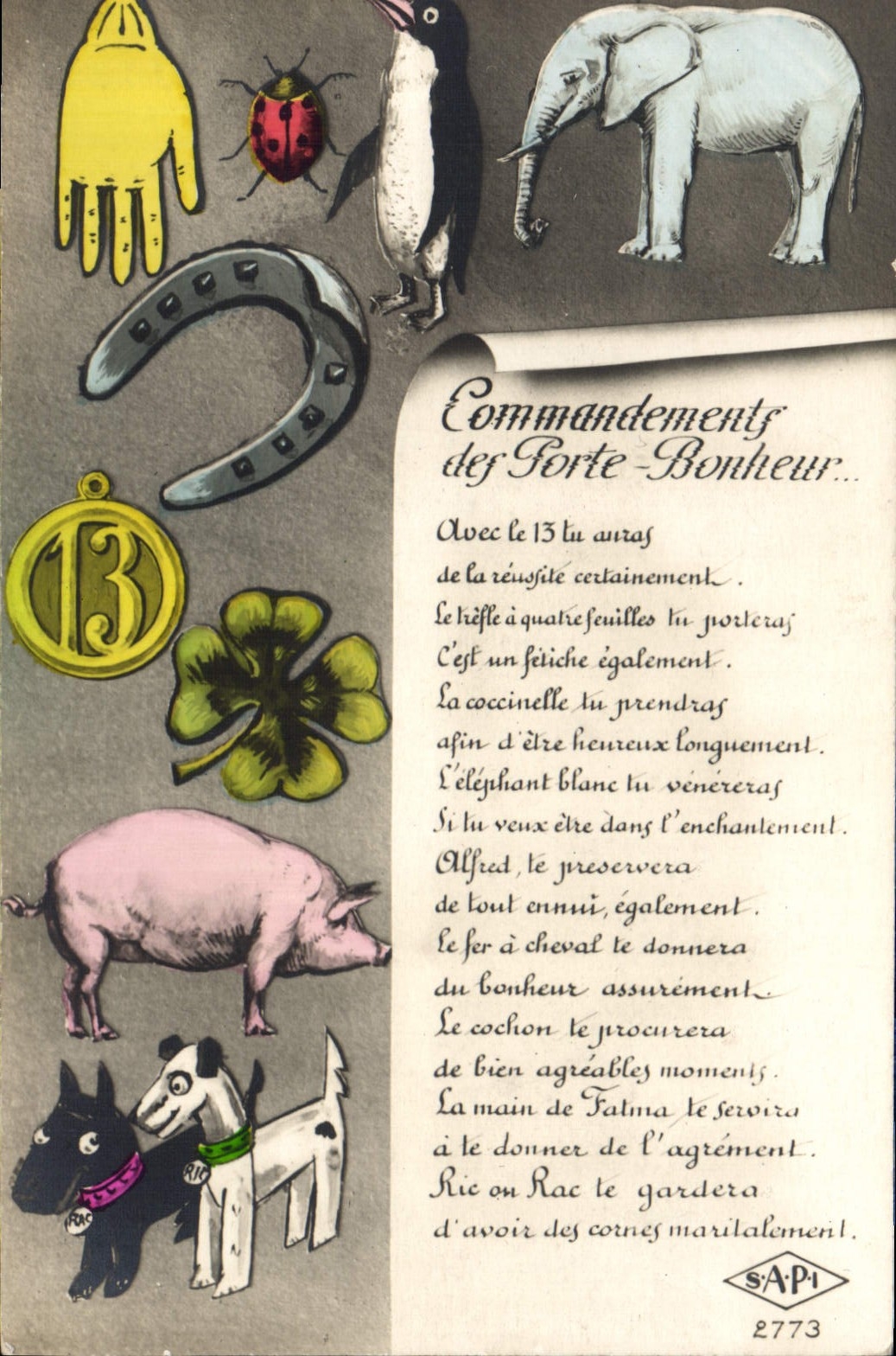 CPA Fantaisie Elephant Fer a cheval Pingouin Cochon Porc Chein 