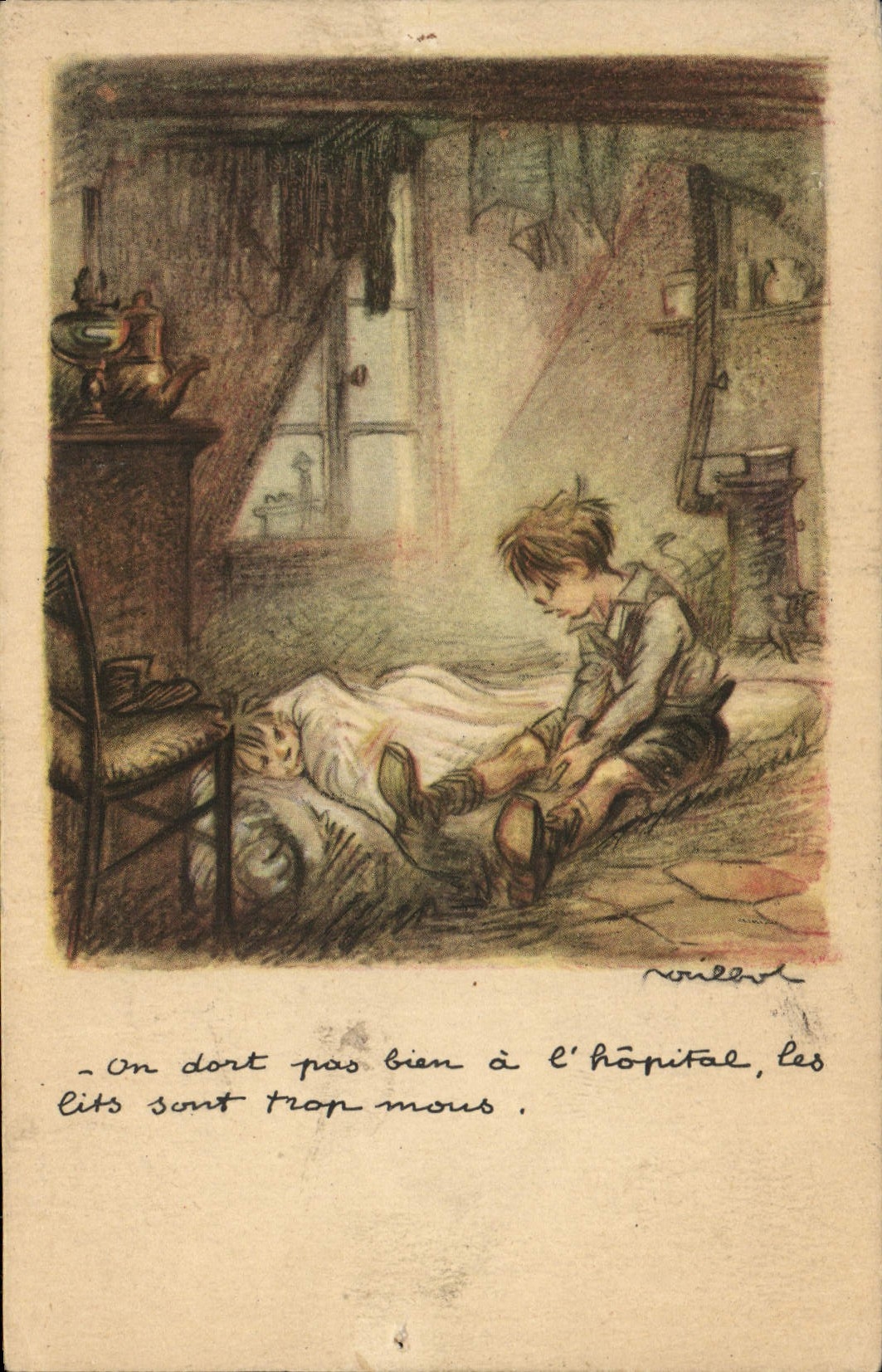 Enfant à l'hôpital — illustration de WILBERT — Ligue Nationale Contre le Taudis