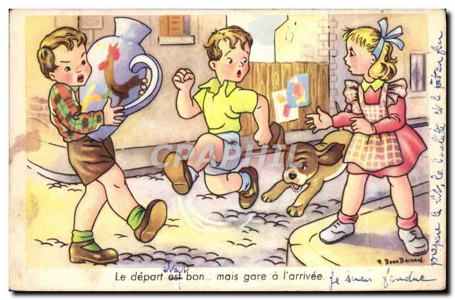 CPA Humour Enfants Chien