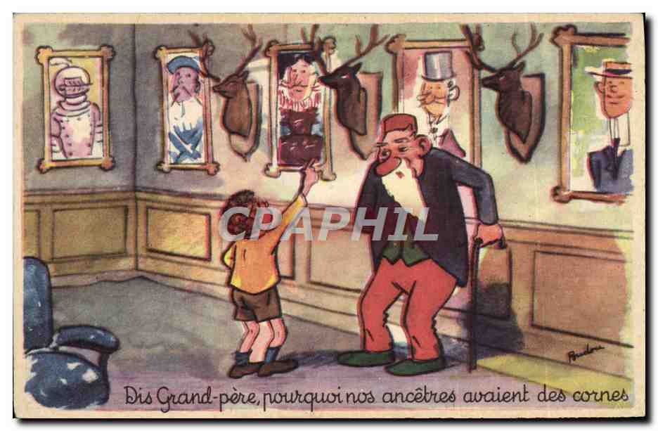 CPA Humour Enfant Dis grand pere pourquoi nos ancetres avaient des cornes 