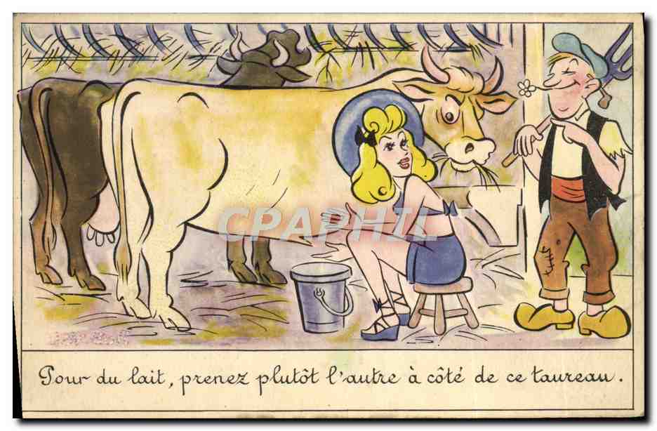 CPA Humour Pour du lait Vache Taureau