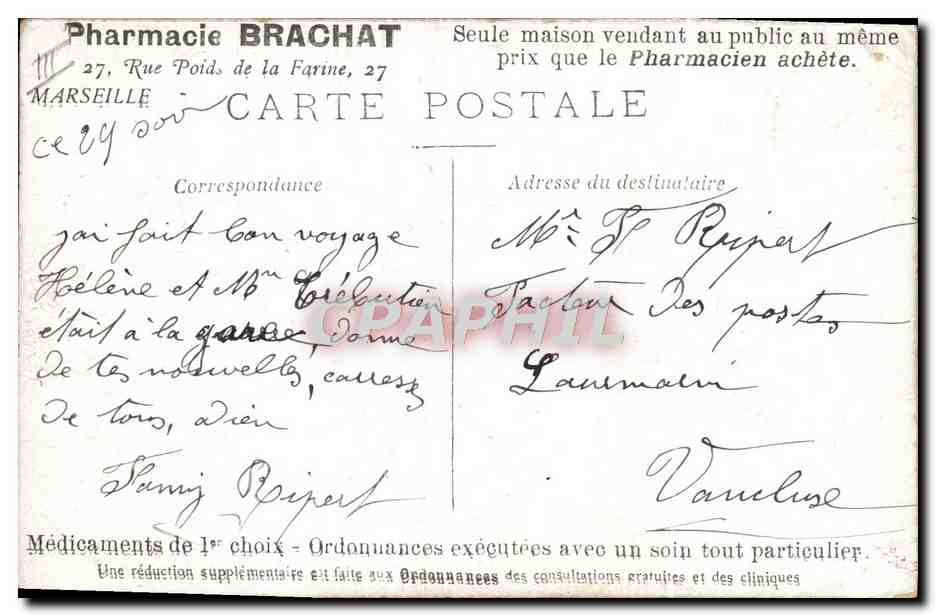 CPA Militaria A la caserne Sentinelle Publicite Pharmacie Brachat Rue Poids de la farine Marseille — Verso