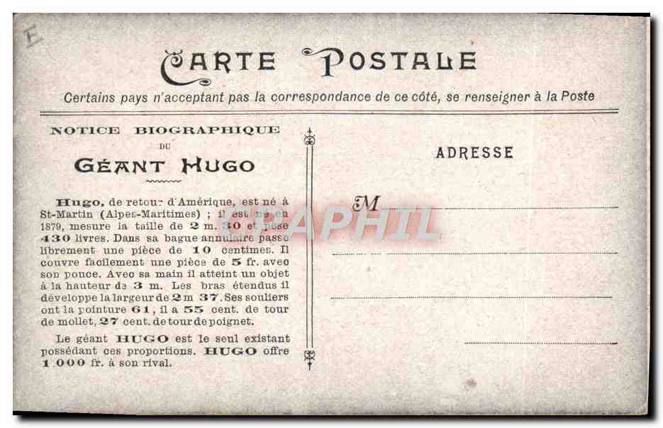 CPA Foklore Nain Geant Hugo ne a St Martin 2m30 TOP  — Rückseite