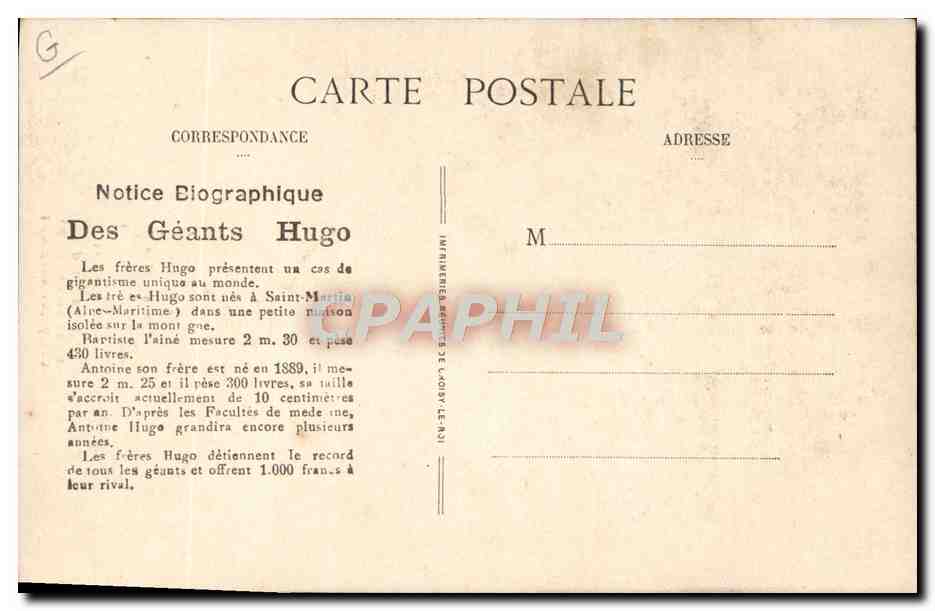 CPA Foklore Geant Freres Hugo Adrien  — Rückseite