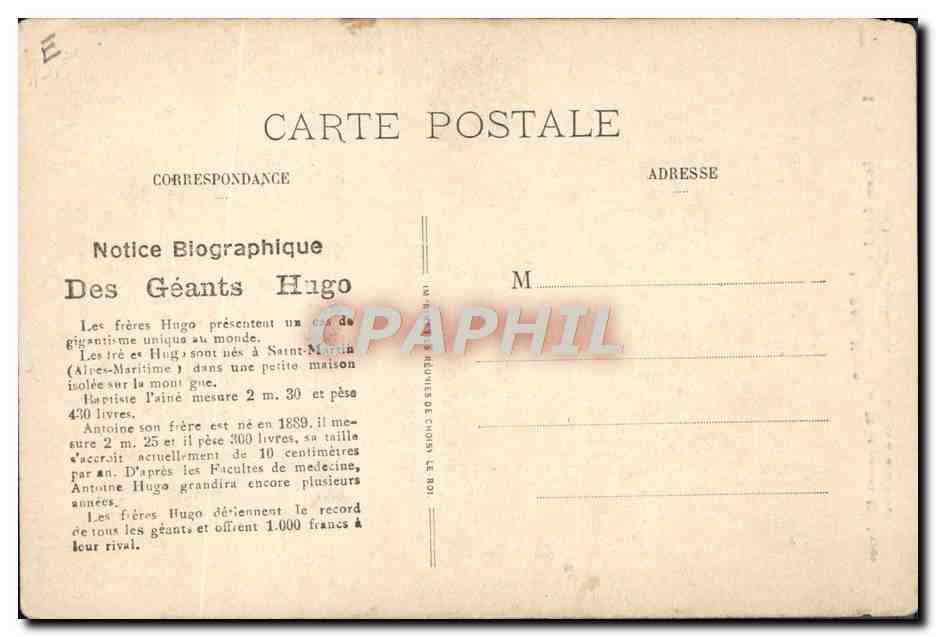 CPA Foklore Geant Freres Hugo Adriens Nain  — Rückseite