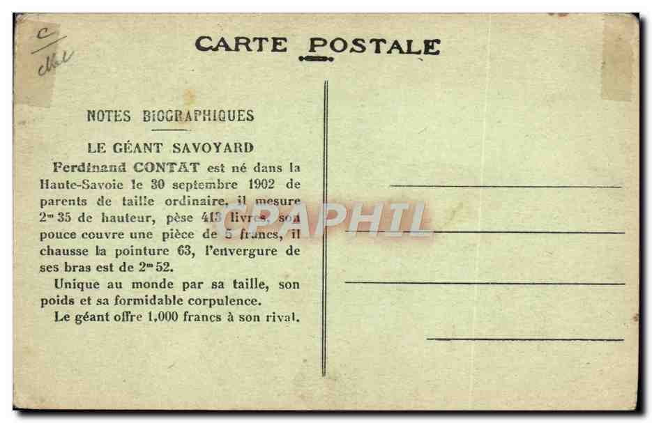 CPA Foklore Geant savoyard Ferdinand Contat  — Rückseite