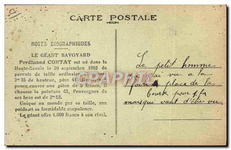 CPA Foklore Geant savoyard Ferdinand Contat  — Rückseite
