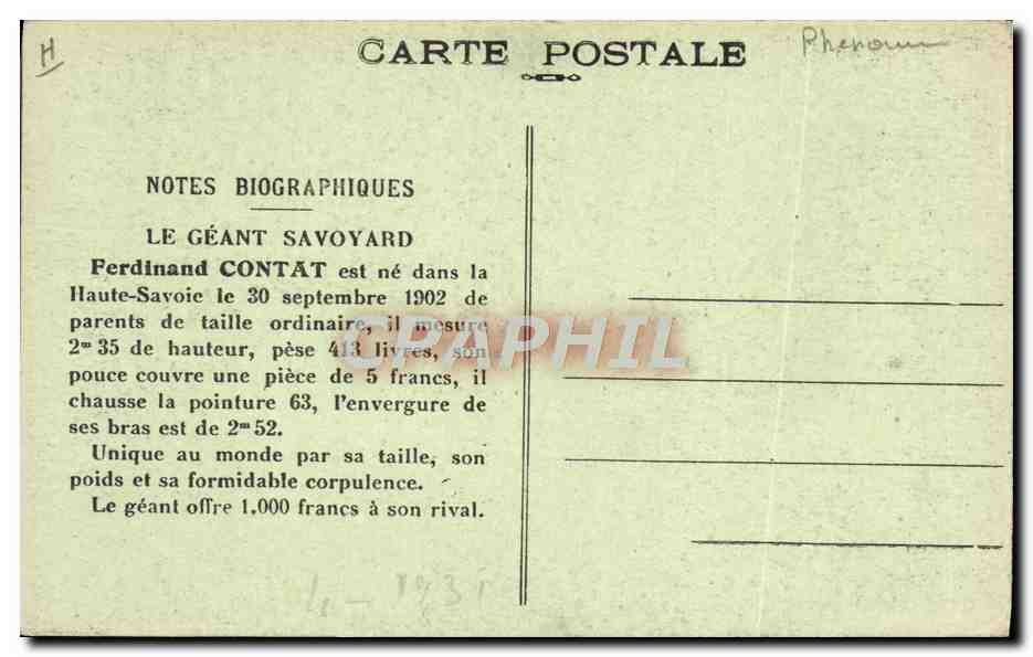 El gigante saboyano — Ferdinand Contat — tarjeta postal con notas biográficas — Reverso