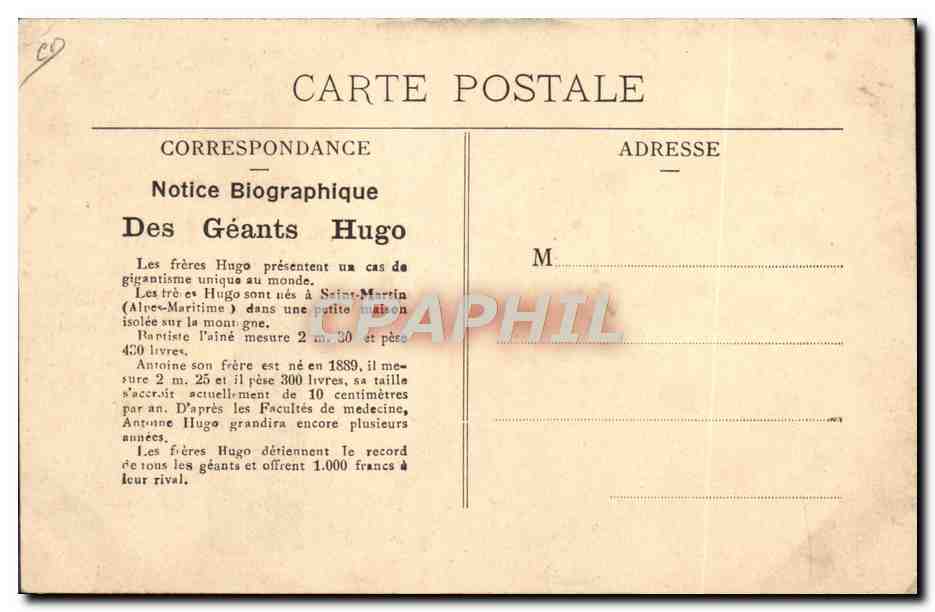 CPA Foklore Geant les freres Hugo — Rückseite