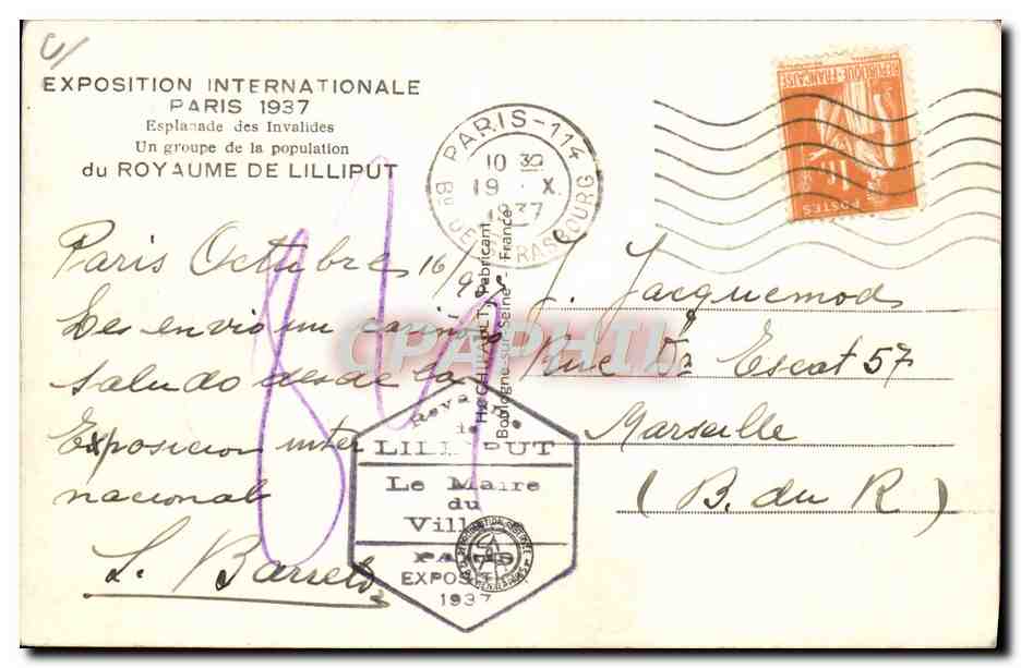 CPA Foklore Nain Exposition internationale Paris 1937 Esplanade des invalides Royaume de Lilliput TOP — Rückseite