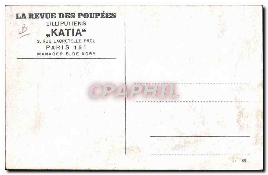 CPA Foklore Nain La revue des poupees Lilliputiens Katia Rue Lacretelle Paris  — Rückseite