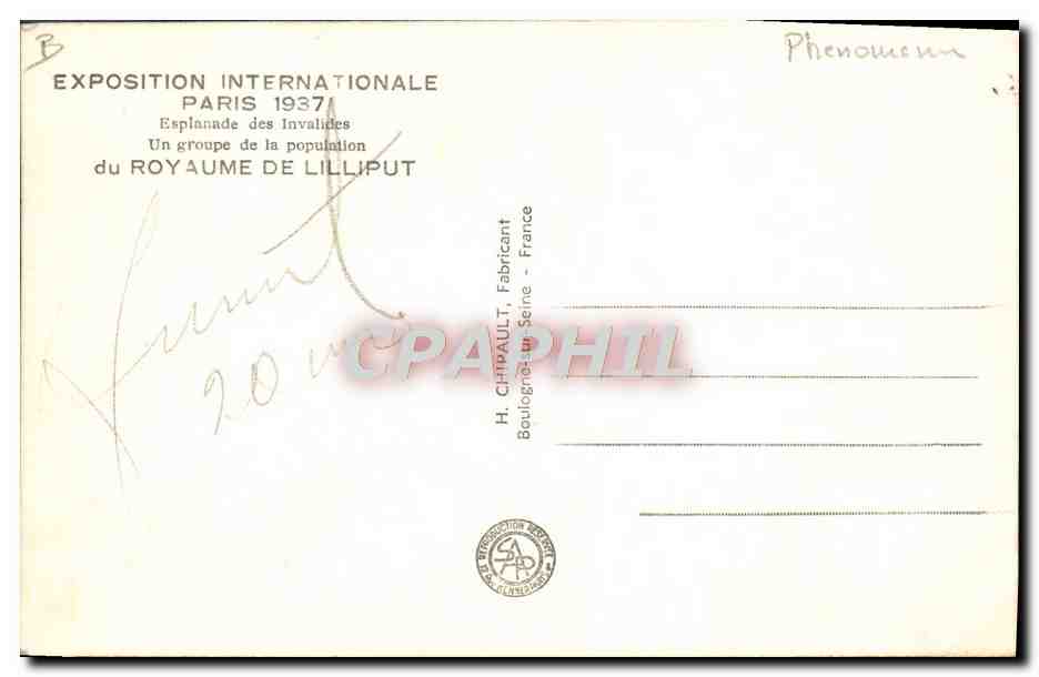 CPA Foklore Nain Paris Exposition internationale Royame de Lilliput Esplanade des Invalides  — Rückseite