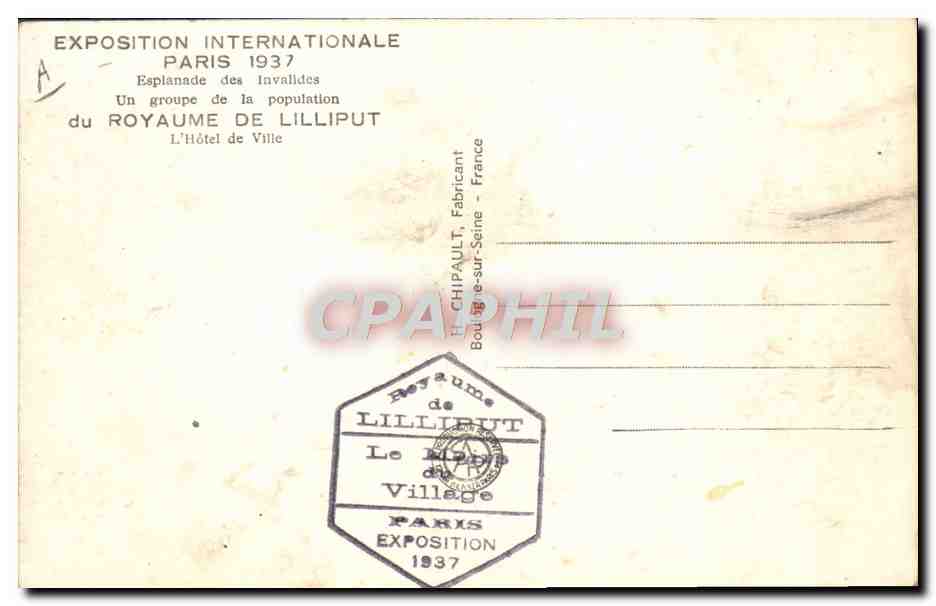 CPA Paris Exposition internationale 1937 Explanade des Invalides Royaume de Lilliput  — Verso