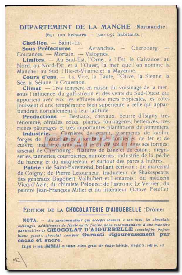 CPA Cartes Geographiques Chocolaterie d'Aiguebelle Manche  — Rückseite