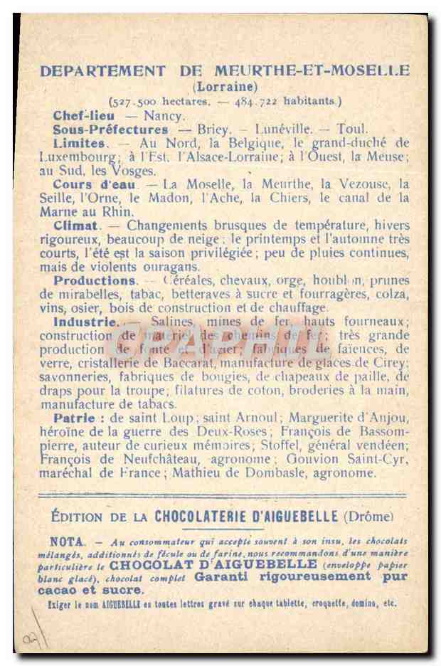 I Dipartimenti: MEURTHE ET MOSELLE — Edizione della CHOCOLATERIE D'AIGUEBELLE — Verso