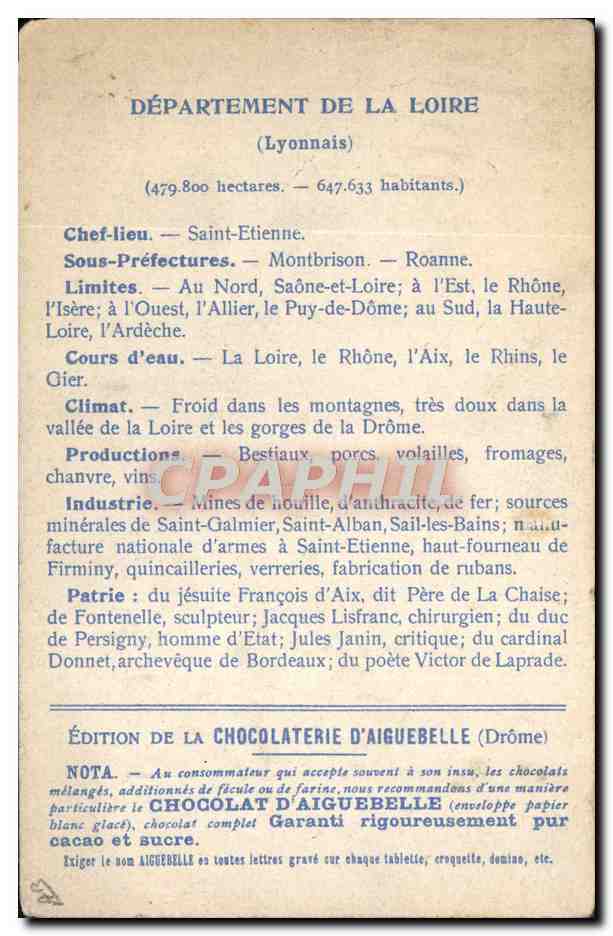CPA Cartes Geographiques Chocolaterie d'Aiguebelle Loire St Etienne  — Rückseite