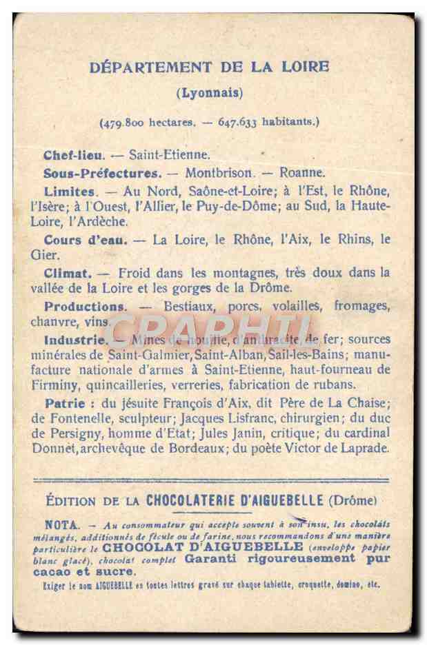 CPA Cartes Geographiques Chocolaterie d'Aiguebelle Loire St Etienne  — Rückseite