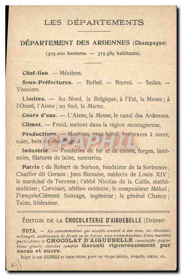 CPA Cartes Geographiques Chocolaterie d'Aiguebelle Ardennes Mezieres — Rückseite