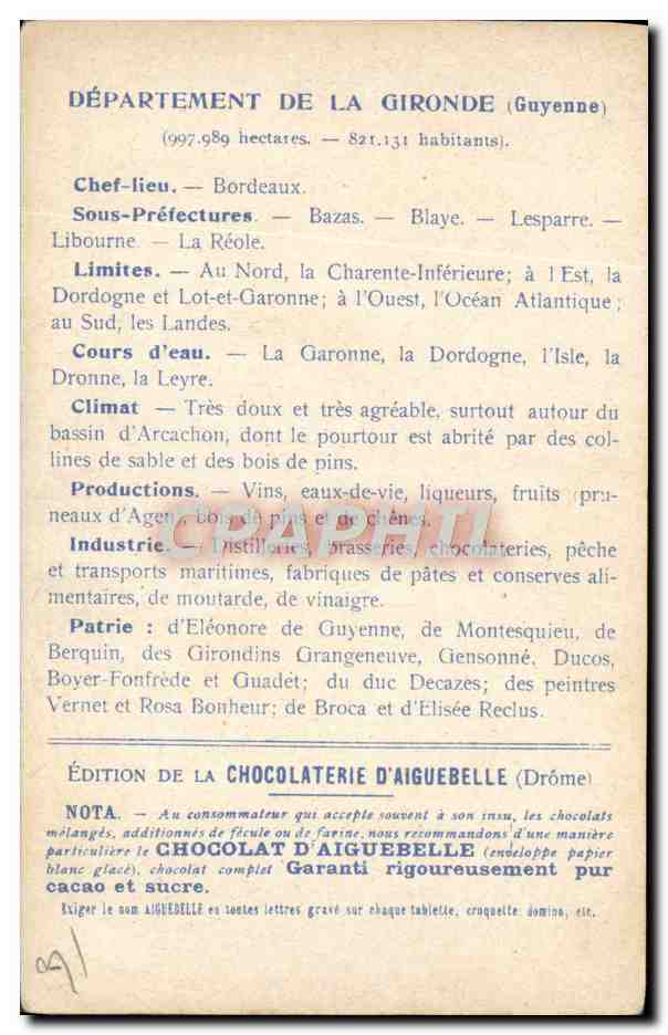 I Dipartimenti : GIRONDE — Edizione della CHOCOLATERIE D'AIGUEBELLE — Verso