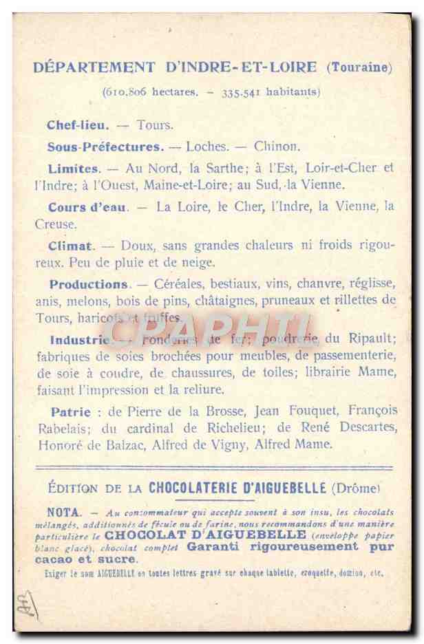 Indre-et-Loire — Karte der Departemente — Ausgabe der Schokoladenfabrik Aiguebelle — Rückseite