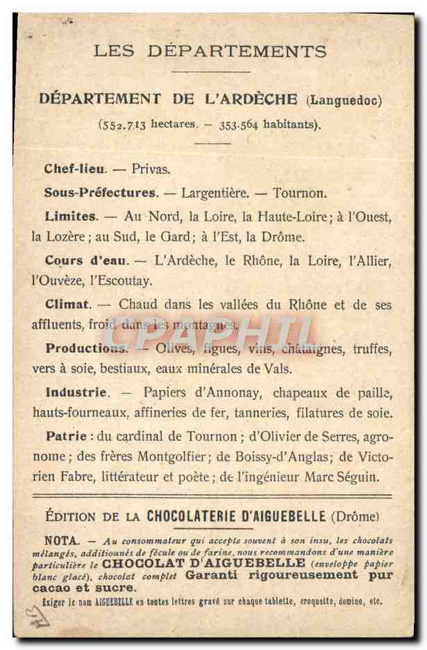 CPA Cartes Geographiques Chocolaterie d'Aiguebelle Ardeche  — Rückseite