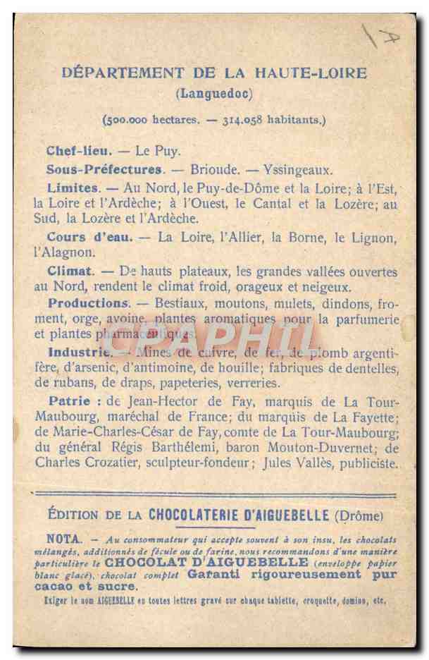CPA Cartes Geographiques Chocolaterie d'Aiguebelle Haute loire Saitn Michel au Puy — Rückseite