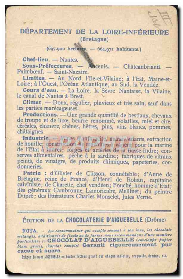 CPA Cartes Geographiques Chocolaterie d'Aiguebelle Loire Inferieure — Rückseite
