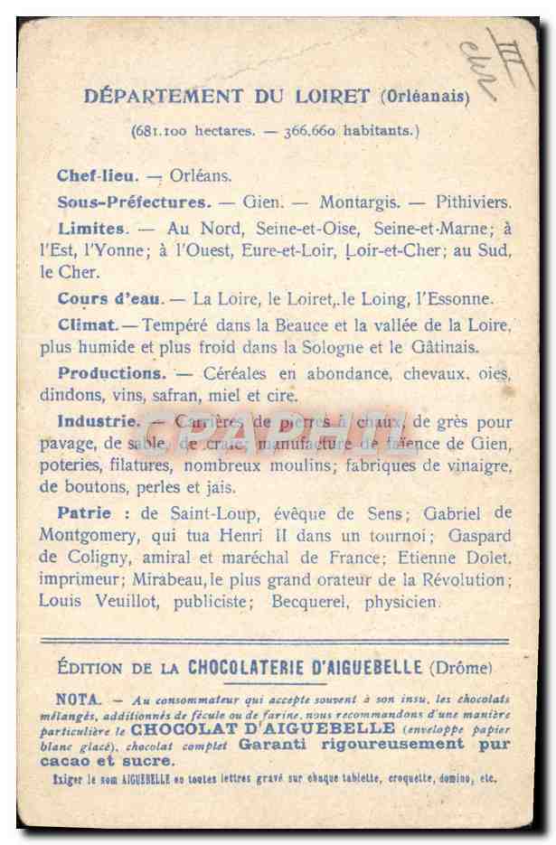 CPA Cartes Geographiques Chocolaterie d'Aiguebelle Loiret Sully sur loire  — Rückseite