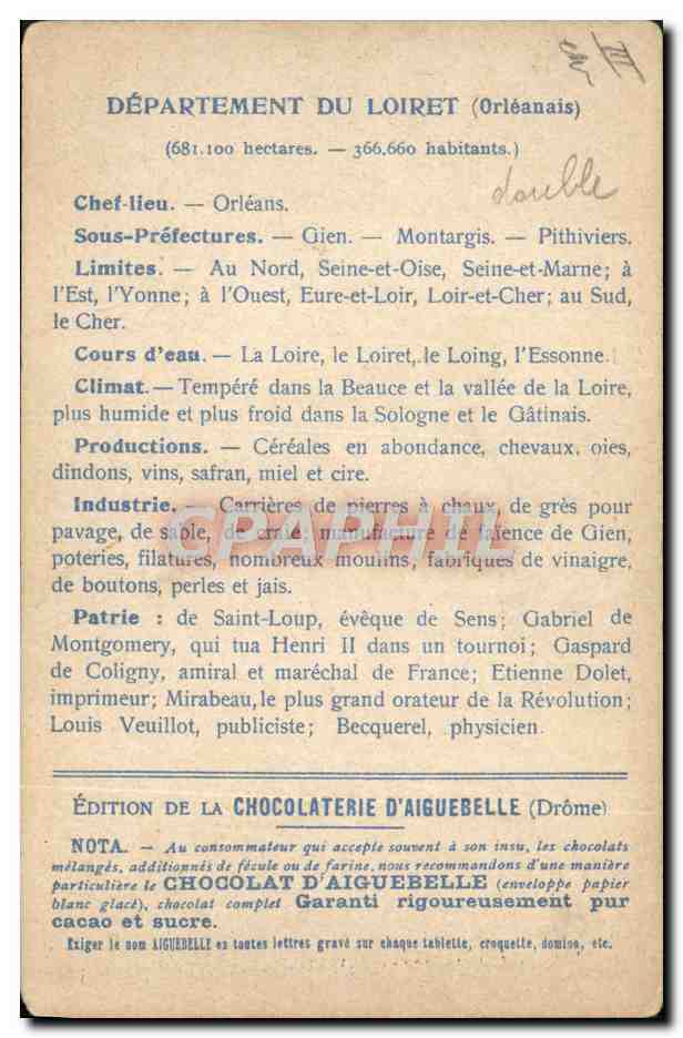 Tarjeta postal antigua Tarjetas Geográficas Chocolaterie d'Aiguebelle Loiret Sully sur Loire — Reverso