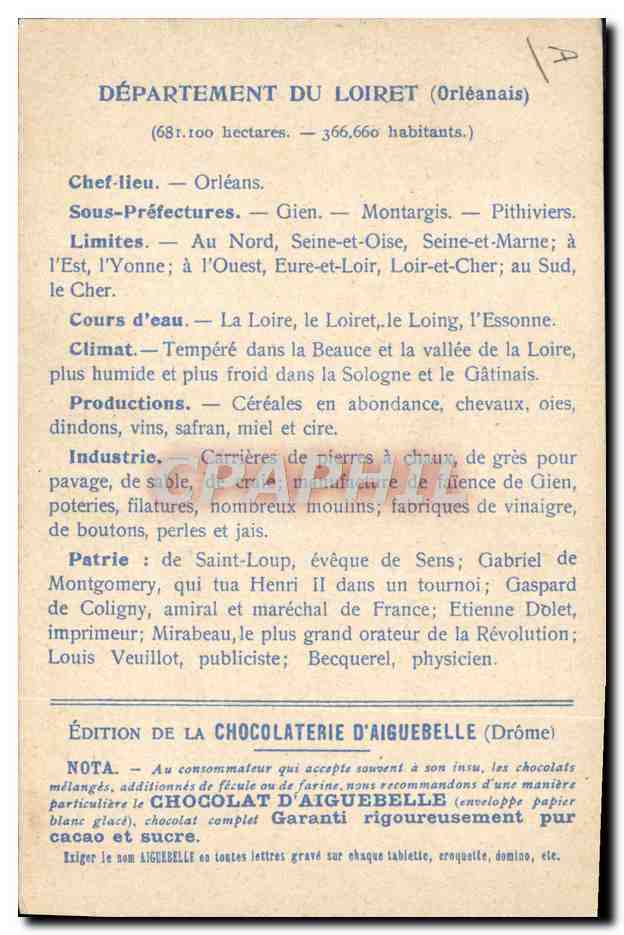 I Dipartimenti: LOIRET — Edizione della CHOCOLATERIE D'AIGUEBELLE — Verso