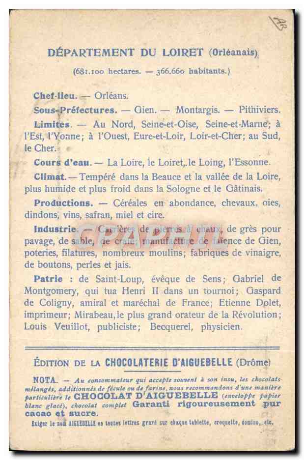 CPA Cartes Geographiques Chocolaterie d'Aiguebelle Loiret Sully sur Loire — Rückseite