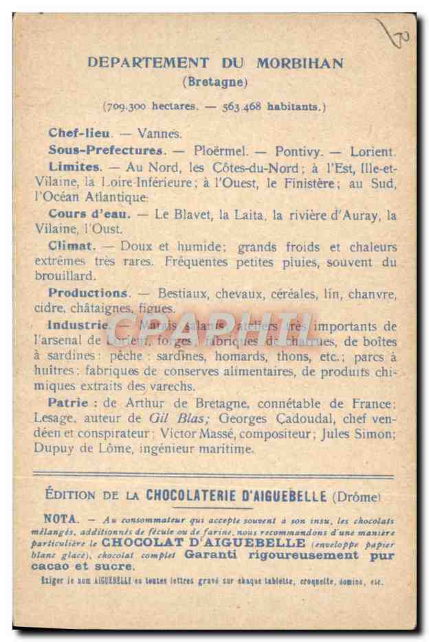 CPA Cartes Geographiques Chocolaterie d'Aiguebelle Morbihan Ste Anne d'Auray — Rückseite