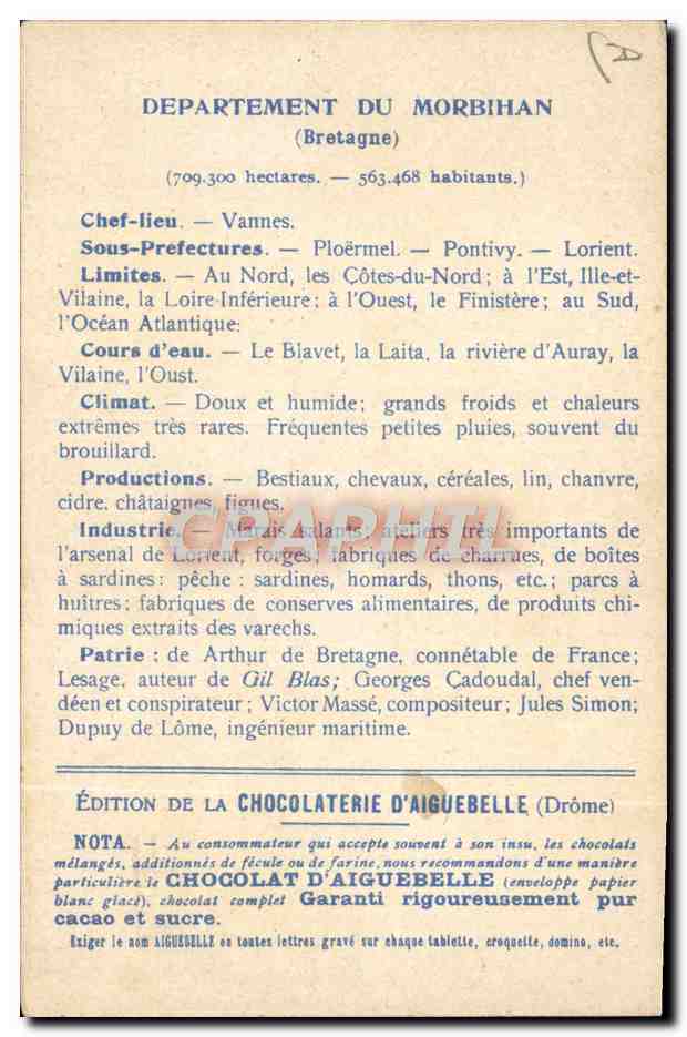 CPA Cartes Geographiques Chocolaterie d'Aiguebelle Morbihan Ste Anne d'Auray — Rückseite
