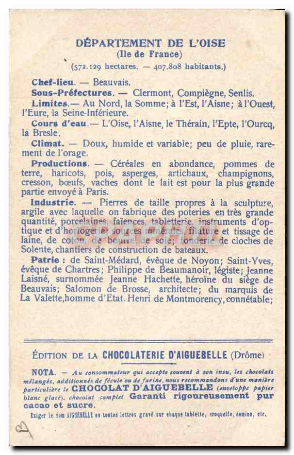 CPA Cartes Geographiques Chocolaterie d'Aiguebelle Oise Chateau de Pierrefonds  — Rückseite
