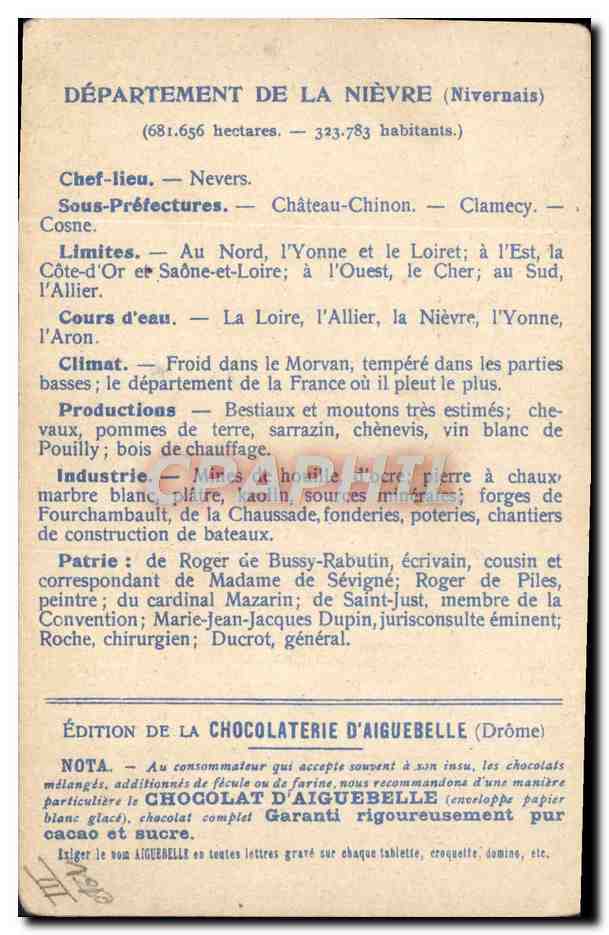 Nièvre — Carte des Départements — Édition de la Chocolaterie d'Aiguebelle — Reverso